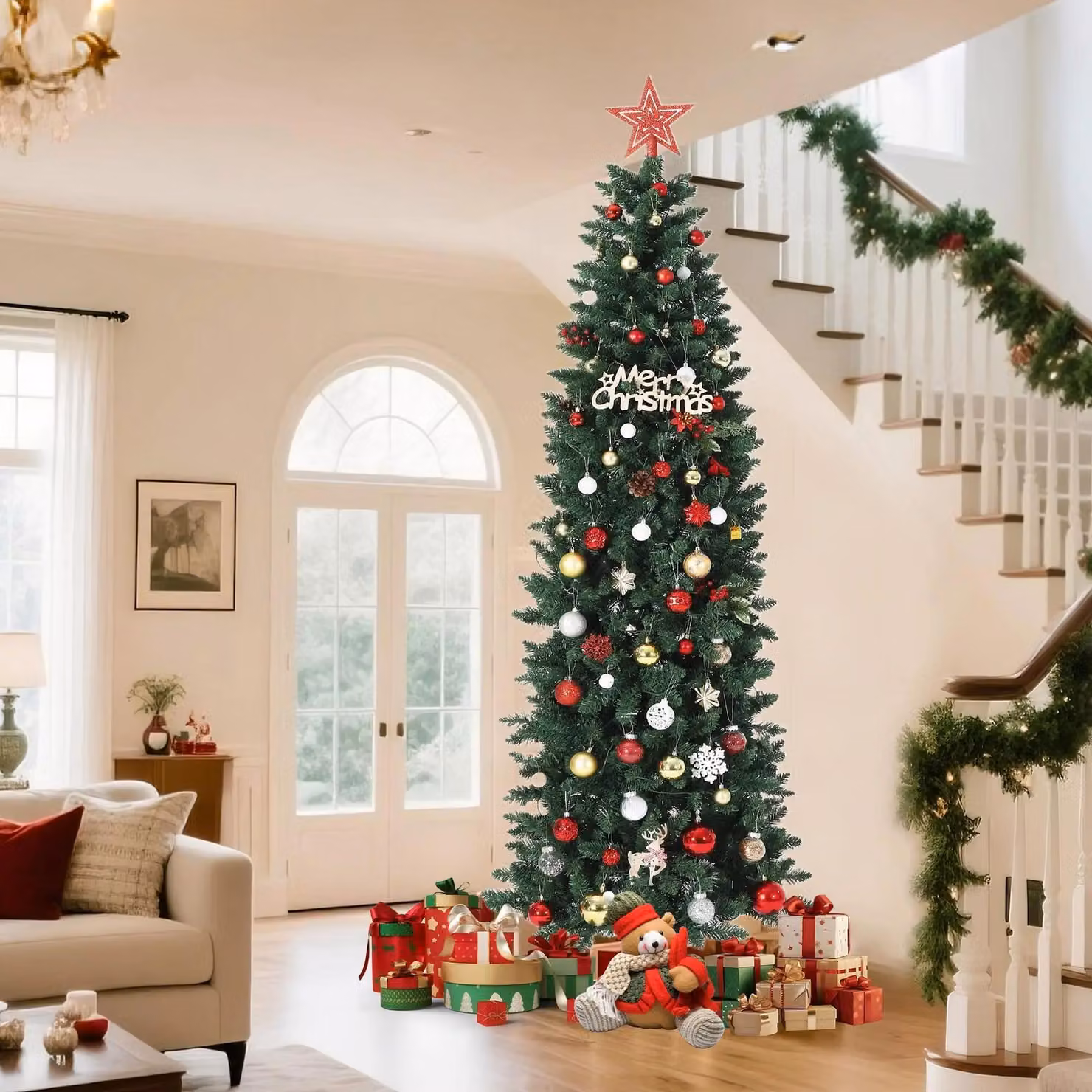Albero di Natale in PVC effetto matita - Albero di abete in PVC, forma affusolata - Altezza 229 cm - Salvaspazio - Facile da montare - Base in metallo pieghevole - Colore verde