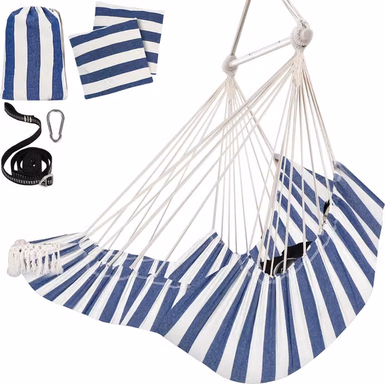 Sedia sospesa, altalena sospesa, 2 cuscini, barra distanziatrice resistente, sedia sospesa in tessuto di cotone, tasca laterale, grande set di sedie con nappe, poggiapiedi, piede inferiore della gamba, confortevole