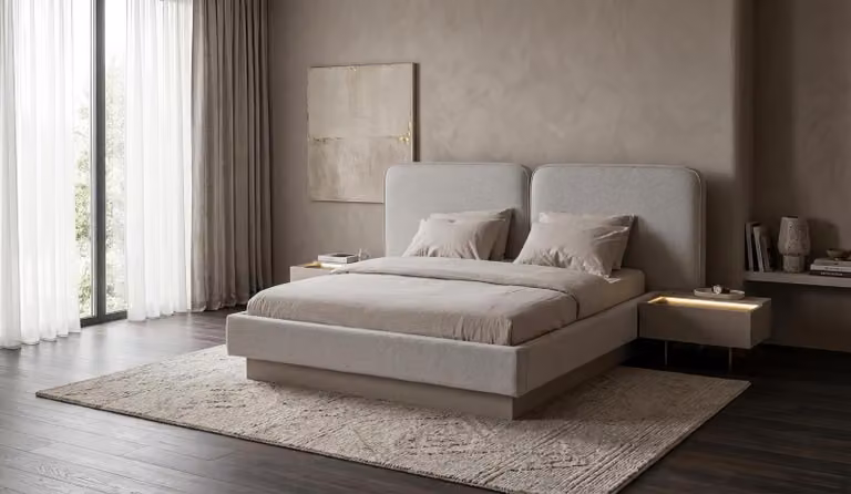 Set per camera da letto, comodino moderno, grigio, elegante, lussuoso, letto imbottito