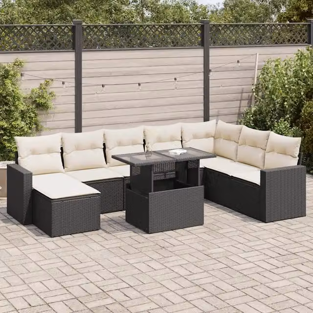 Set Divani da Giardino 9 pz con Cuscini Nero in Polyrattan 3326367