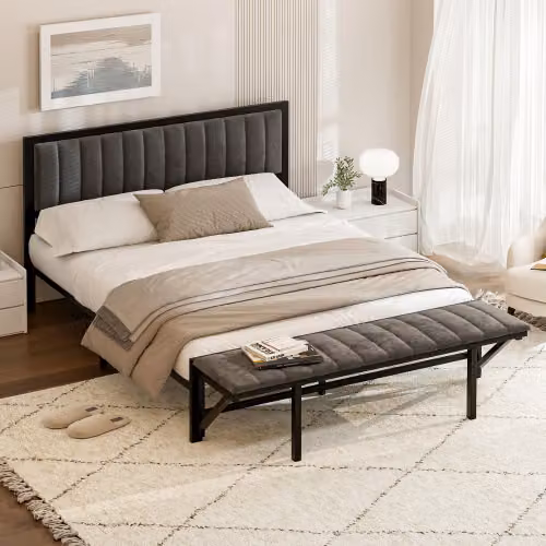 Letto imbottito AIORBER, 160x200 cm, con poggiapiedi pieghevole, ampio spazio di archiviazione, velluto, morbido e confortevole, letto matrimoniale, struttura del letto in ferro, robusto, grigio