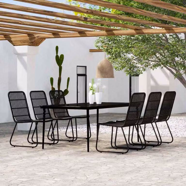 Set da pranzo per giardino e terrazzo vidaXL in metallo nero con piano in vetro e 7 pezzi inclusi