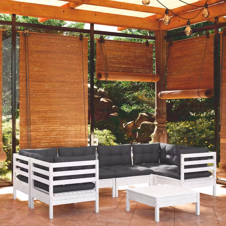 The Living Store Set da giardino 7 pezzi con cuscini in legno di pino bianco