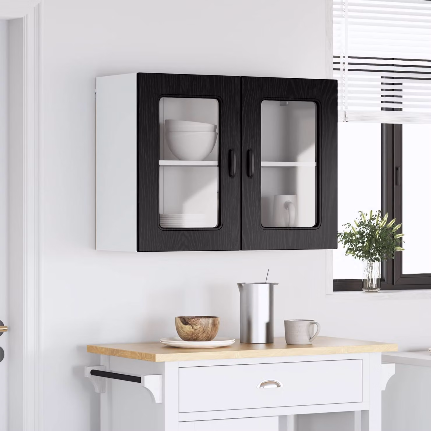 Pensile da cucina moderno vidaXL in MDF nero con ante in vetro e ripiani interni L/P/H: 80 x 31 x 60 cm