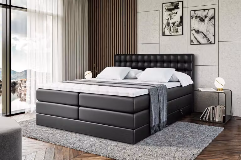 Letto boxspring ALTDECOR con materasso e rete a doghe - VIONE KING - 160x200 cm - Pelle finta nera - Topper, letto imbottito con contenitore, letto con vano portaoggetti H3 e H4 - Materasso, letto matrimoniale, letto boxspring