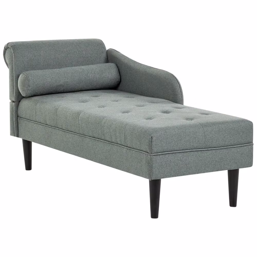 Divano angolare a L con chaise longue sinistra BELIANI in tessuto verde e grigio, imbottito con schiuma e dotato di cuscini, con struttura in legno massiccio, L/P/H: 228 x 151 x 72 cm
