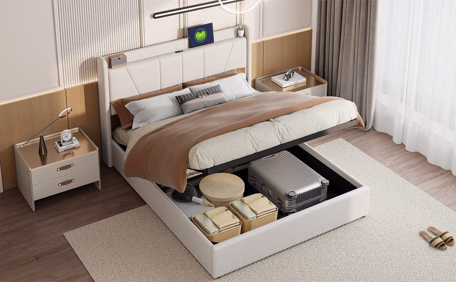 Letto matrimoniale 160 x 200 cm con connessione USB e vano portaoggetti, con testata, beige