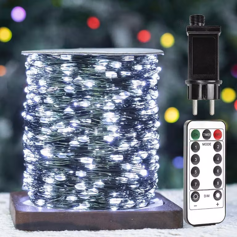 Catena luminosa da 200 metri, con 2000 LED, luce bianca fredda, impermeabile, con telecomando