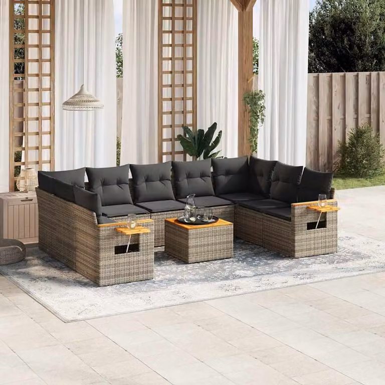 Set Divano da Giardino vidaXL 10 pz a Forma a L con Cuscini Grigio in Polyrattan e Legno di Acacia