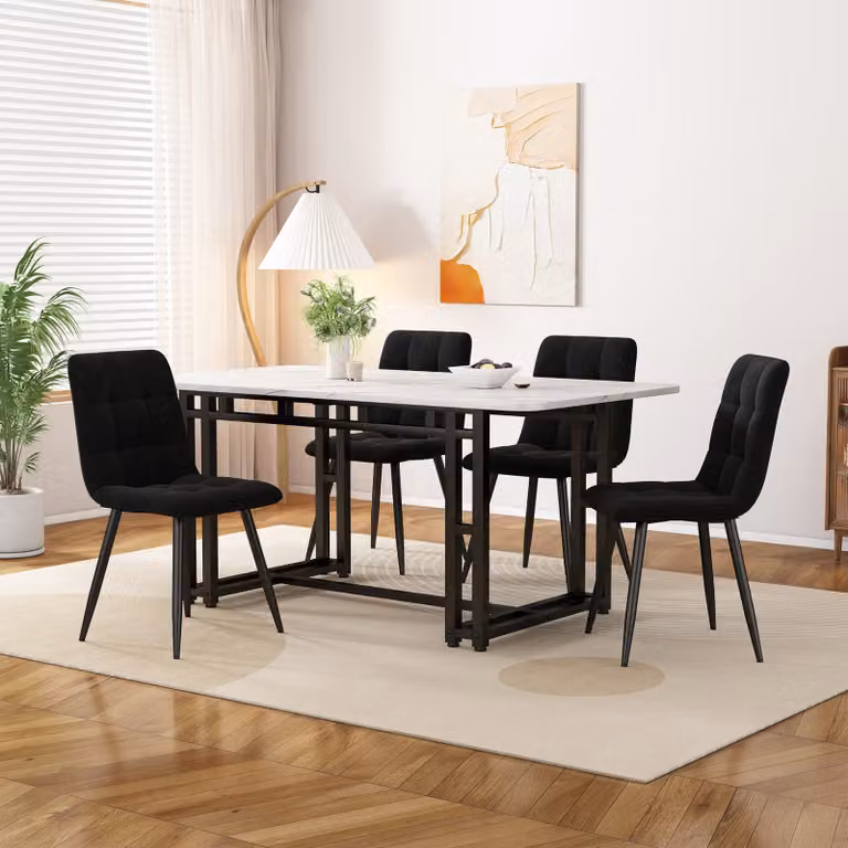 Set da pranzo Abrihome, tavolo da pranzo nero 120x70 cm con 4 sedie, set da pranzo con sedie in velluto, nero