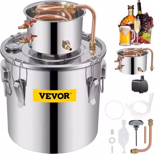 VEVOR Kit Distillatore Alambicco in Acciaio Inox e Rame con Serbatoio da 30L per Liquore, Vino e Acqua Distillata con Pompa d'Acqua