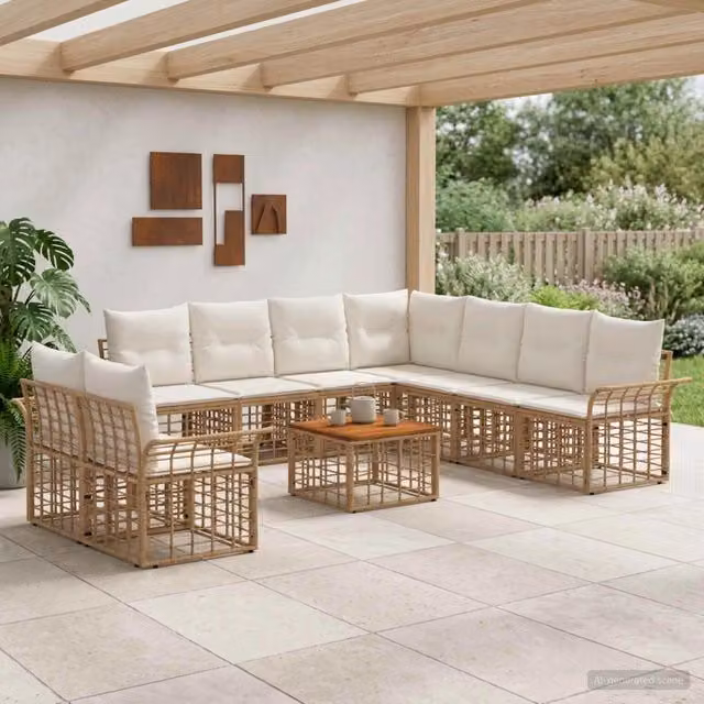 Set di divani da esterno 10 pz 9-Posti Naturale e Bianco Crema 3437718
