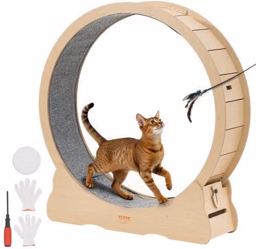 VEVOR Ruota per Gatti in Legno Marrone con Pista in Moquette e Meccanismo di Bloccaggio, Diametro: 120 cm