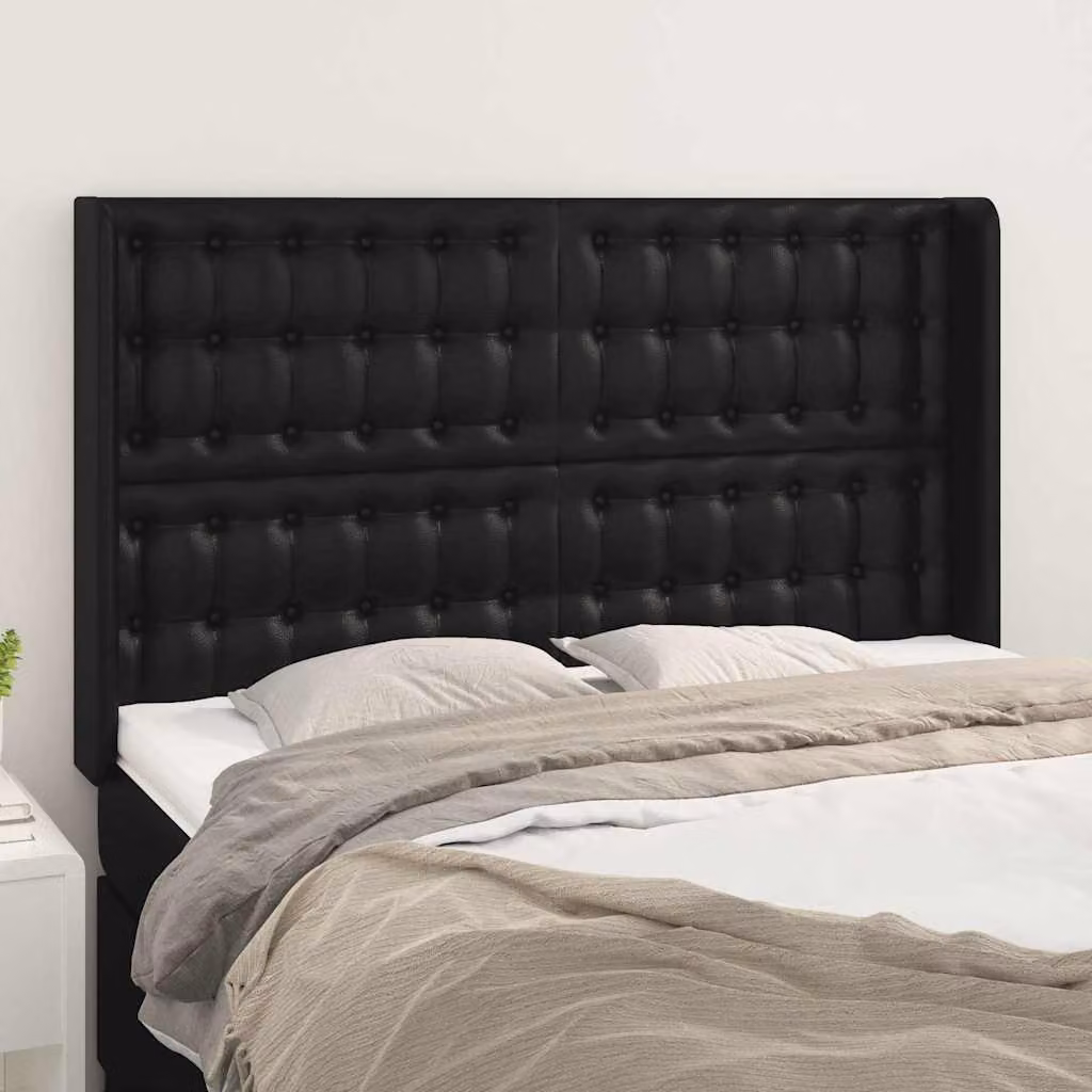 Testiera del letto con design ad orecchio vidaXL in similpelle nera, L: 147 cm, P: 16 cm, H: 118-128 cm