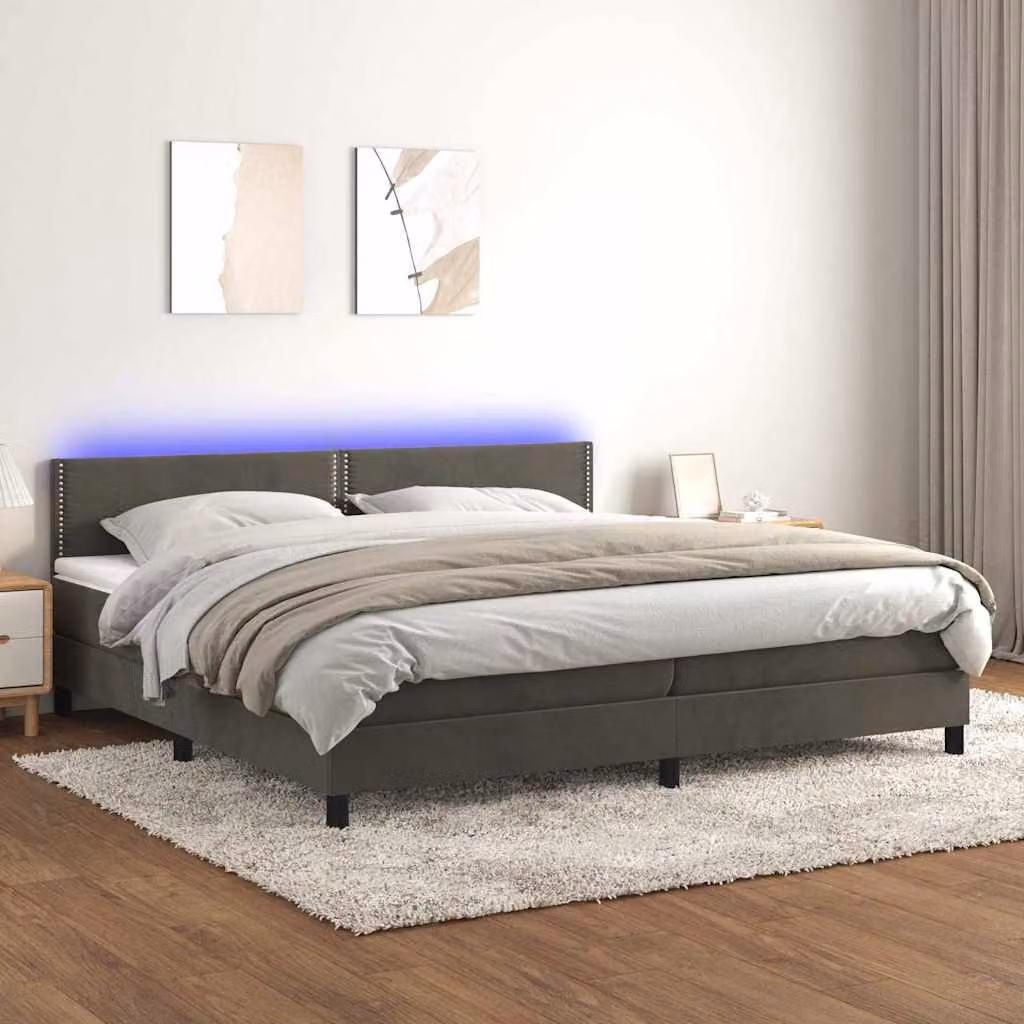 Letto Ibrido vidaXL con Materasso, Illuminazione LED Sotto il Letto e Porte USB, Rivestimento in Velluto Grigio e Bianco, L/P: 200 x 200 cm – 1