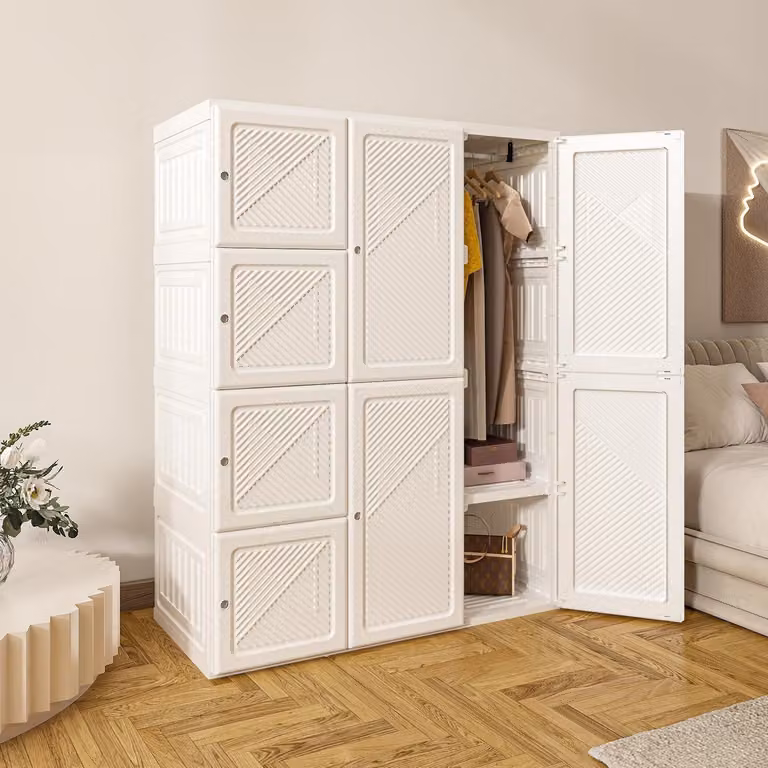 Armadio pieghevole, dimensioni 69x170x50 cm, trasparente, con asta appendiabiti e 6 scomparti