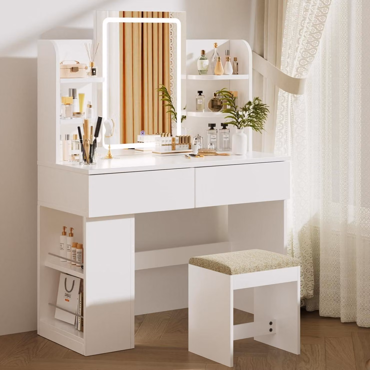 Comò da trucco con specchio e illuminazione a LED, 3 temperature di colore, luminosità regolabile, bianco, con poggiapiedi