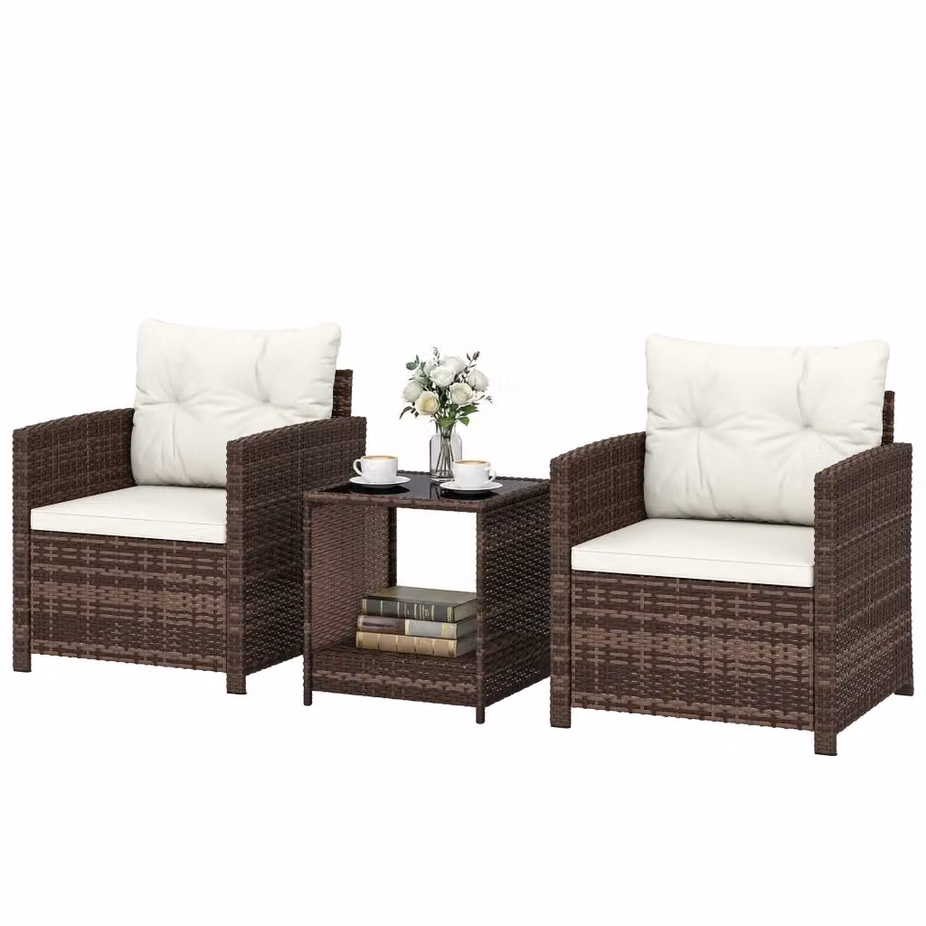 Set Giardino Bistrot Zephmum in Polyrattan con Tavolo in Vetro e 2 Sedie, Colore Beige e Marrone – 2