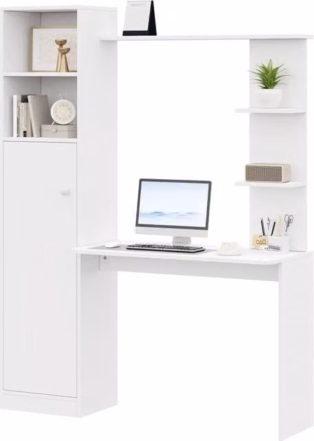 Scrivania moderna Chicfurn con armadio e ripiani per ufficio in MDF bianco L: 123.5 cm, P: 45 cm, H: 168.5 cm
