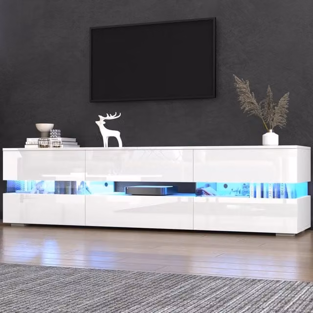 Mobile TV con LED 2 ante 1 cassetto e vano aperto bianco lucido per TV fino a 70 pollici 160 × 39 × 45 cm