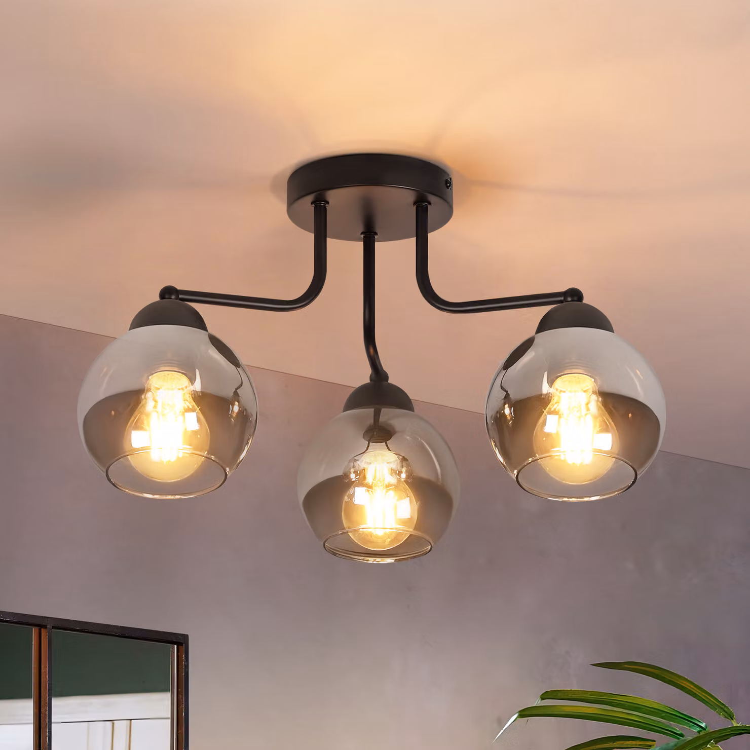 ZMH plafoniera vetro plafoniera nero vintage cucina lampada soffitto 3 fiamme industriale E27 presa globo plafoniera rotonda senza lampadina