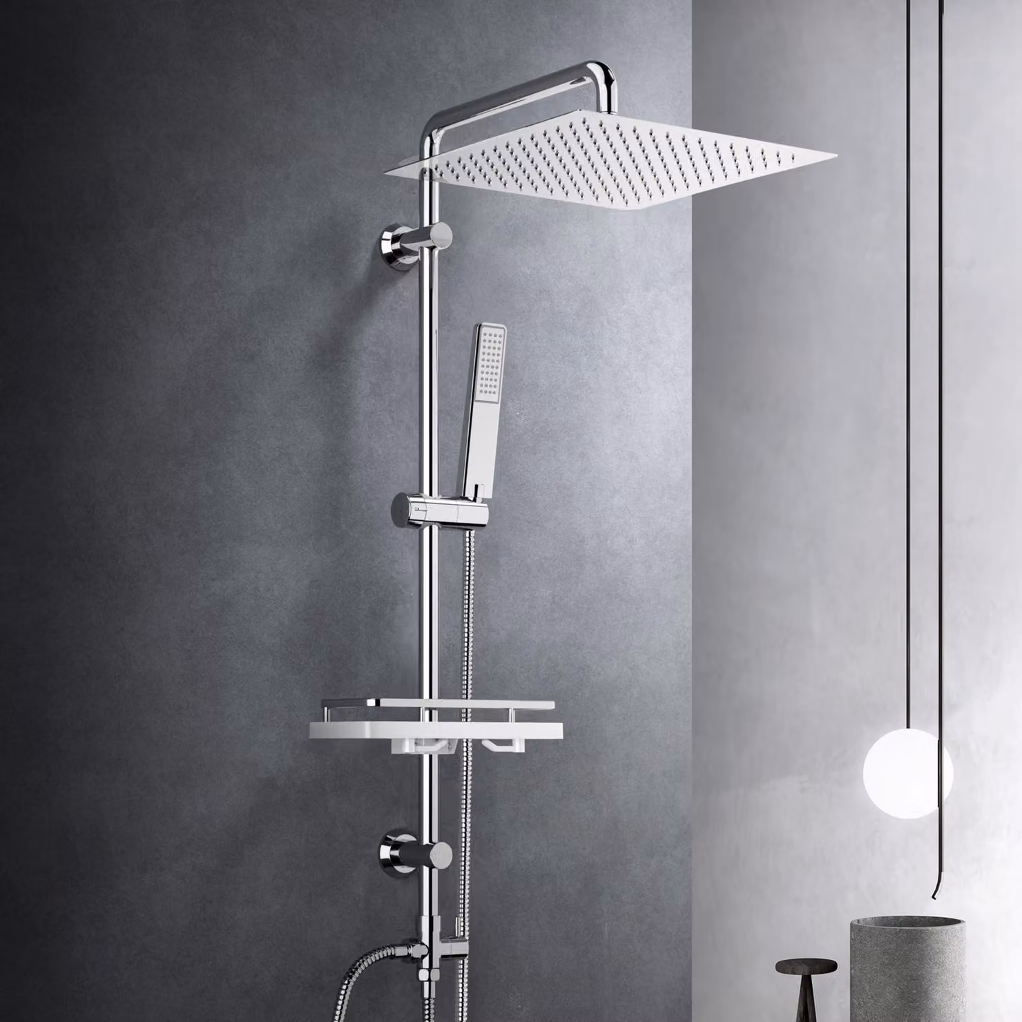 Set doccia con ripiano, acciaio inossidabile, 30x30 cm, cromato