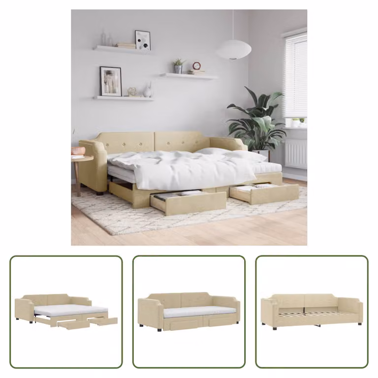 The Living Store letto da giorno allungabile con cassetti crema 100x200 cm tessuto