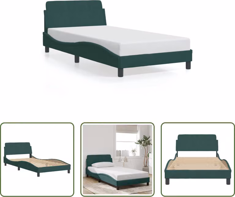 The Living Store Struttura letto con testiera in velluto verde scuro 100x200 cm