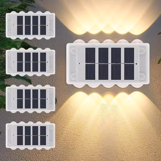 4 lampade da parete solari per esterni, 10 faretti solari orientabili verso l'alto e verso il basso per esterni, lampade da parete solari da giardino impermeabili IP65, faretti solari a luce bianca calda, illuminazione solare, illuminazione per recinzioni
