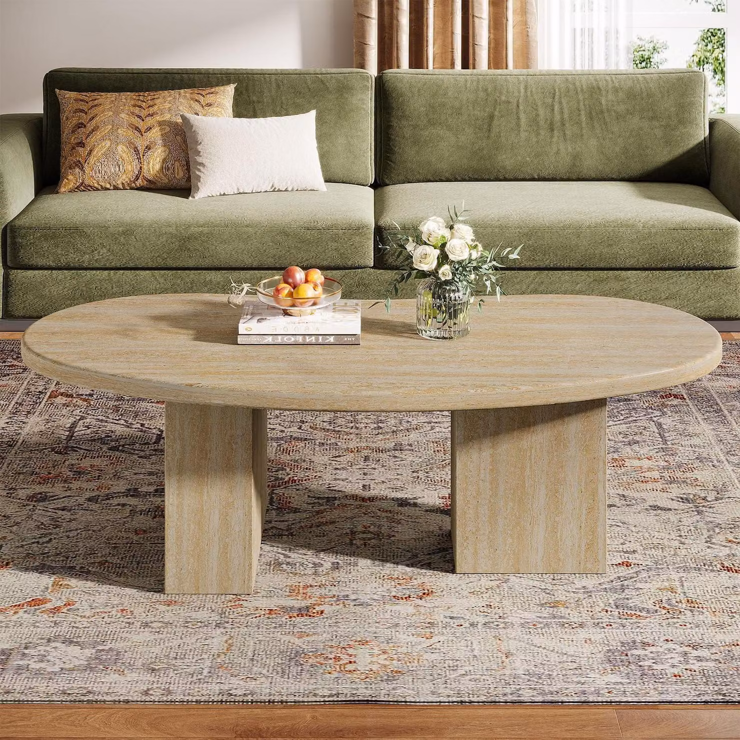 Tavolino da caffè ovale in legno, legno di faggio chiaro, dimensioni 115 x 65 x 40 cm. Tavolino ausiliario