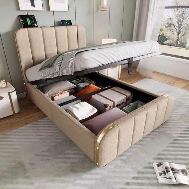 Letto singolo 90x200 beige con contenitore idraulico, USB-C e materasso H3