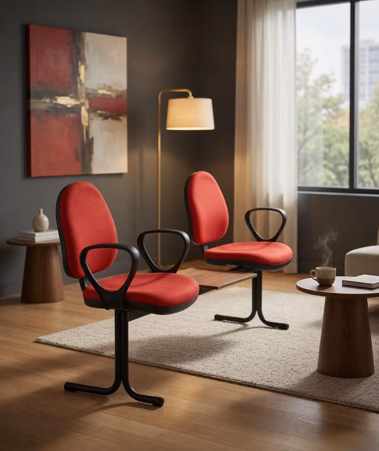 Sedia da ufficio a due posti, colore rosso, con braccioli e design da ufficio