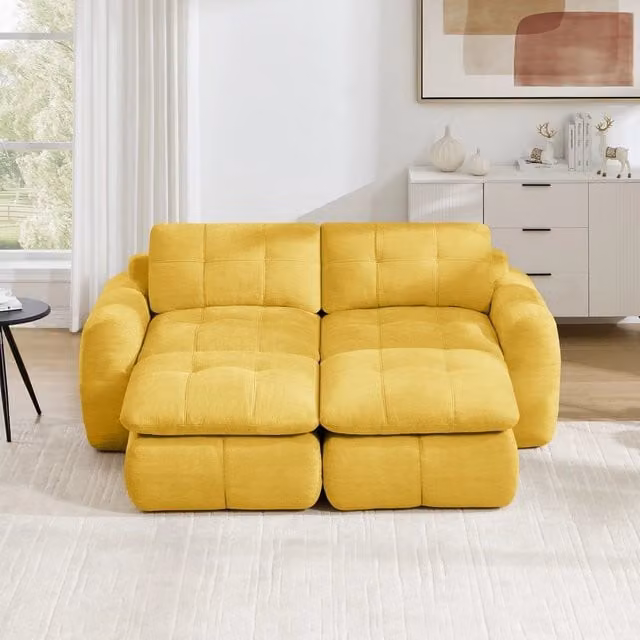 Divano 2 posti ¨C Minimal ¨C giallo, tessuto chenille trapuntato, set con 2 poggiapiedi