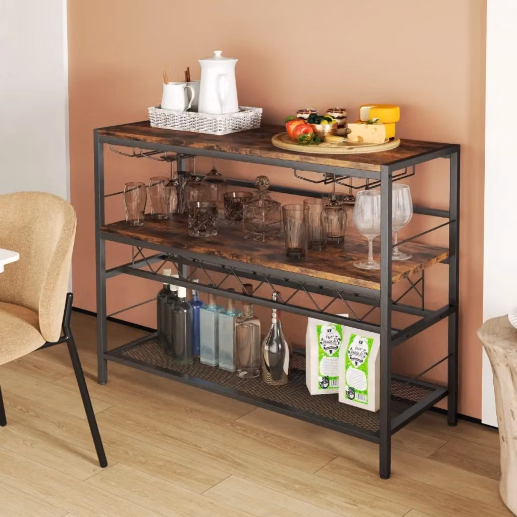 Portabottiglie e porta bicchieri da cucina in stile industrial con 4 ripiani, Marrone – 2