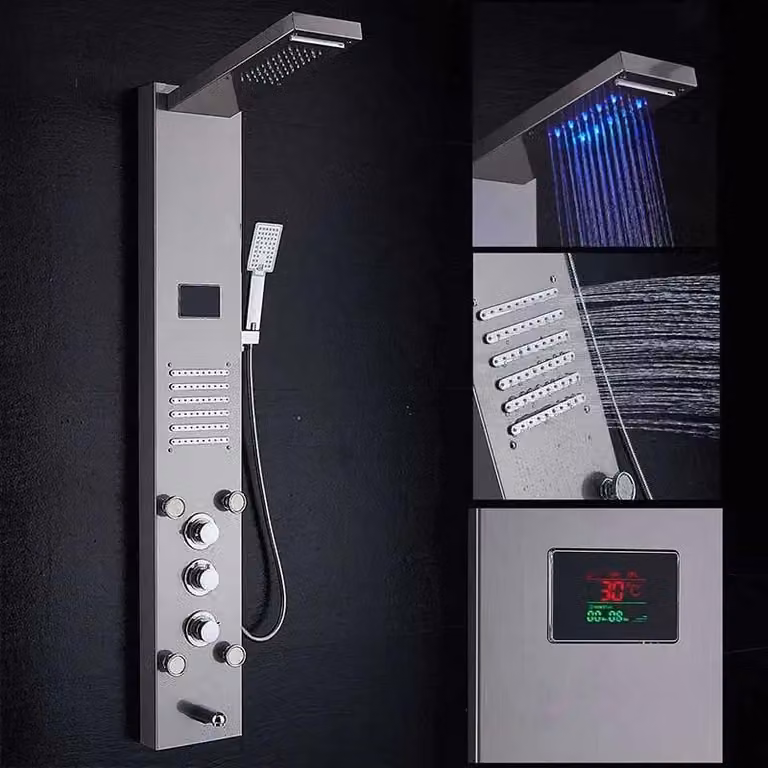 Pannello doccia LED - Colonna doccia 8004 - Doccia a pioggia e cascata - Getto massaggio corpo - Display digitale della temperatura - Acciaio inossidabile - Finitura nichel spazzolato