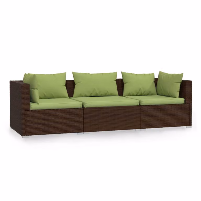 Divano a 3 Posti con Cuscini in Polyrattan Marrone
