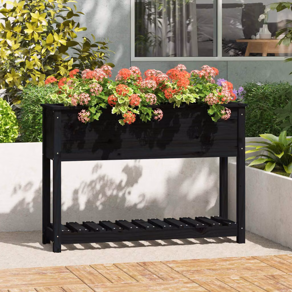 Fioriera con mensola vidaXL in legno massello di pino, colore nero, L: 111,5 cm, P: 34,5 cm, H: 81 cm