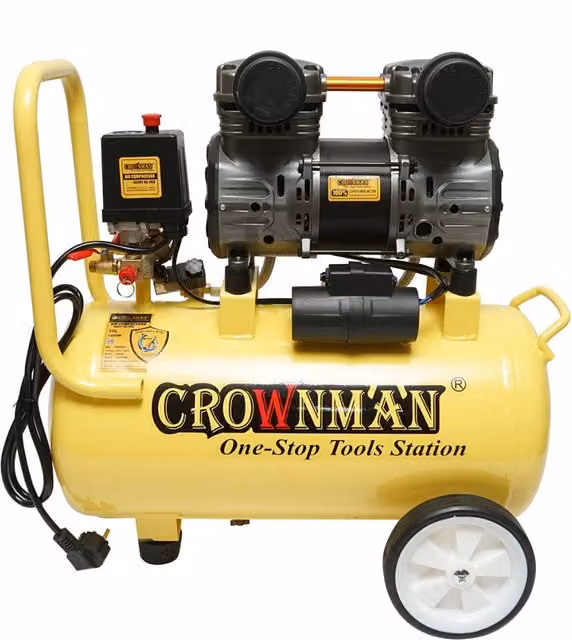 Compressore d'aria silenzioso oil-free Crownman da 30 litri, potenza 1,5 kW/2 CV, pressione massima 8 bar, colore giallo