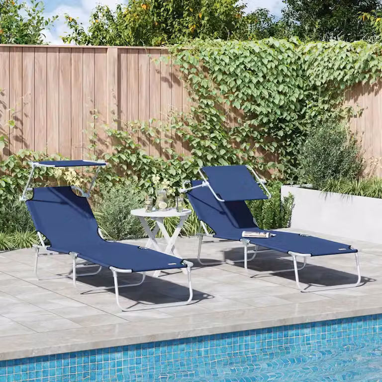 Set di 2 lettini da sole vidaXL in poliestere blu con struttura in acciaio e parasole regolabile