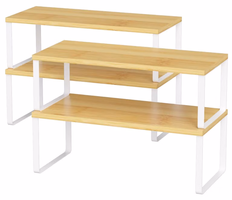 Set di 4 organizer per scaffali da cucina – scaffali di stoccaggio espandibili e impilabili, in metallo e legno