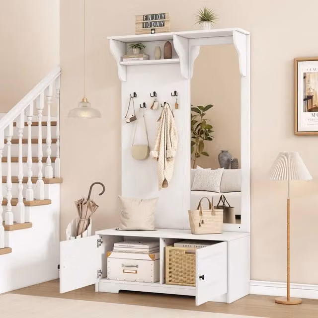 Set di mobili da ingresso MIVRAY bianco opaco con panca portascarpe, specchio, 5 ganci e 2 armadietti in MDF, L 100 x P 40 x H 180 cm
