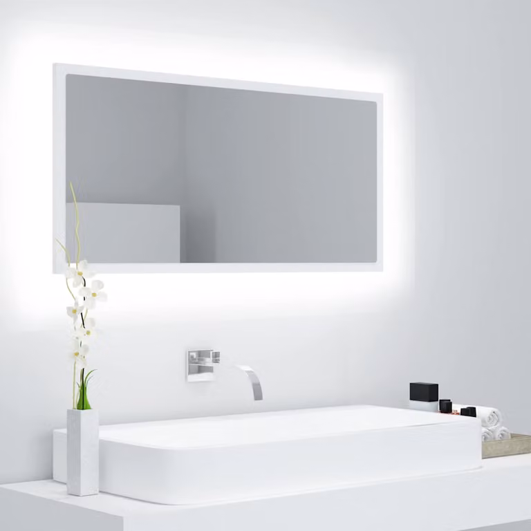 Specchio da bagno moderno vidaXL con LED bianco, rettangolare, L: 90 cm, P: 8,5 cm, H: 37 cm