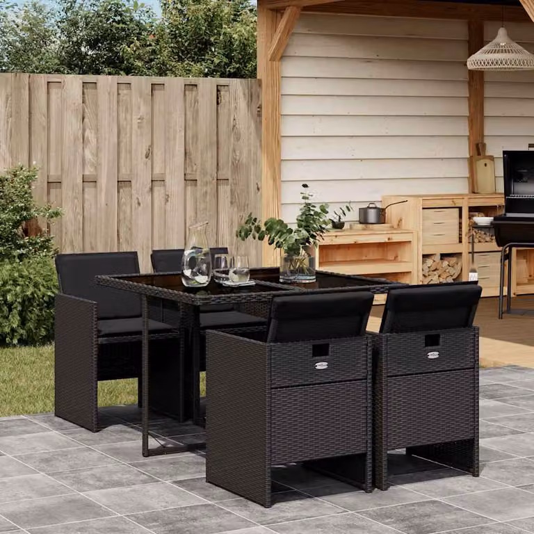 vidaXL Set da Pranzo da Giardino 5 pz in Polyrattan Nero con Piano in Vetro e Cuscini