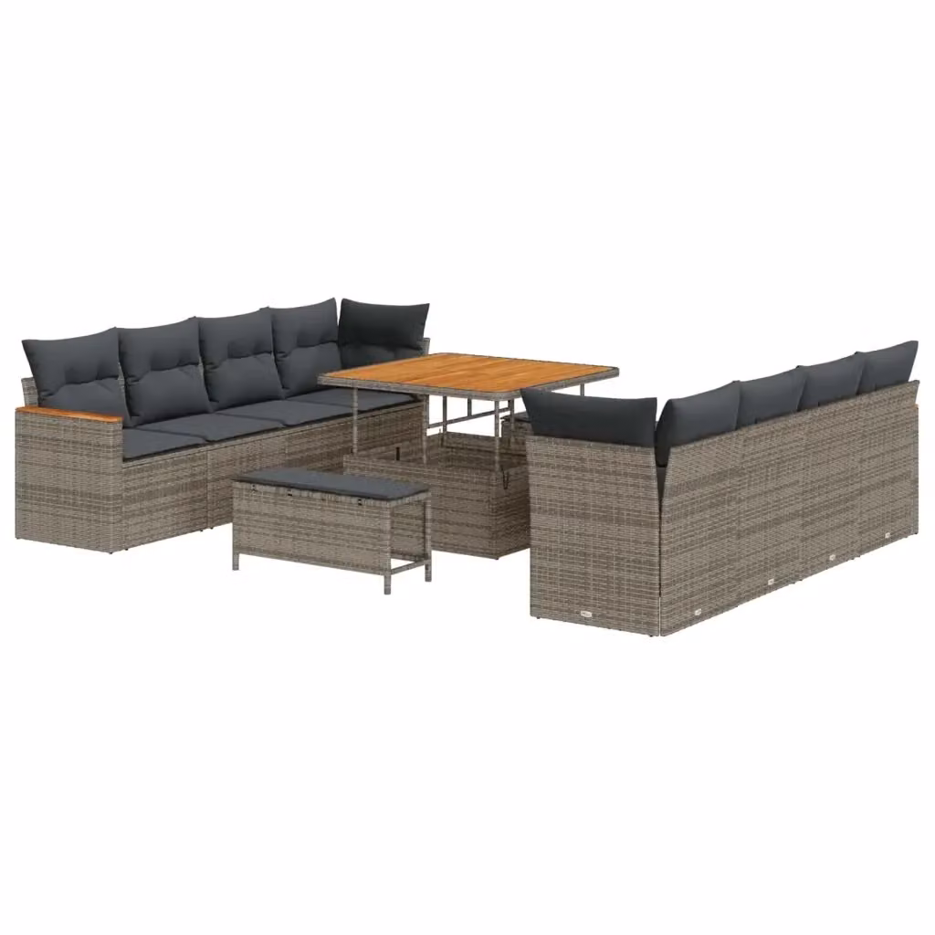 Set Divano da Giardino 11 Pezzi vidaXL Grigio con Cuscini e Tavolino in Polyrattan e Legno di Acacia – 2