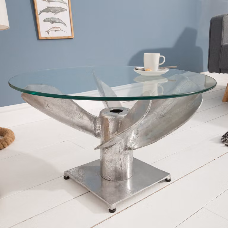 tavolino riess-ambiente OCEAN, modello M, 60 cm, argento, piano in vetro, decorazione a forma di elica di nave, stile antico, forma rotonda