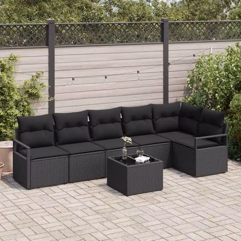 Set di divani da giardino vidaXL in rattan nero con cuscini e tavolino da esterno