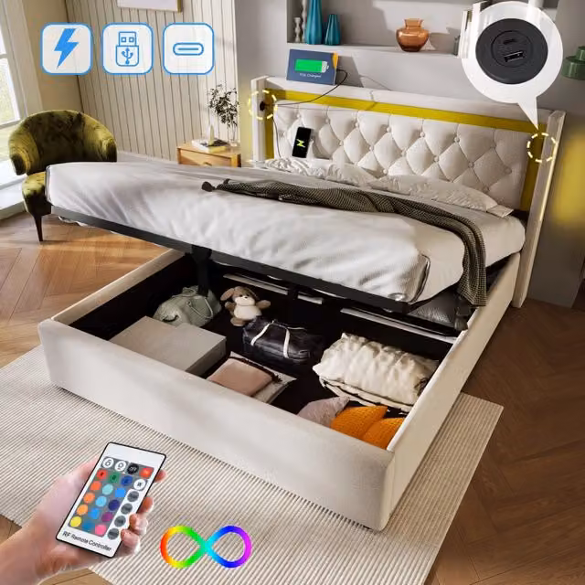 Letto contenitore matrimoniale OKWISH moderno in tessuto beige con illuminazione LED sottostante e porte di ricarica USB, L/P: 140 x 200 cm