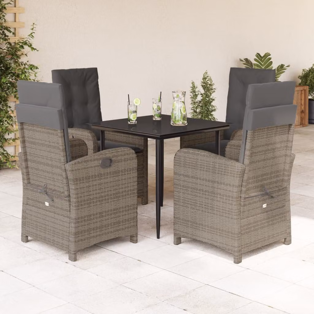 Set da Pranzo da Giardino vidaXL in Polyrattan Grigio e Nero con 5 Pezzi e Cuscini