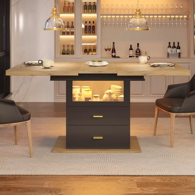 Tavolo da pranzo, illuminazione a LED, allungabile da 110 - 140 cm, con vano portaoggetti, MDF effetto legno, nero e color legno naturale