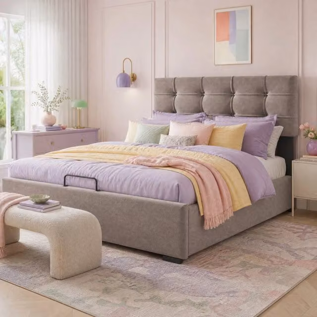 Letto Contenitore REDOM in Velluto Grigio con Testiera Regolabile L/P/H: 140 x 200 x 146 cm